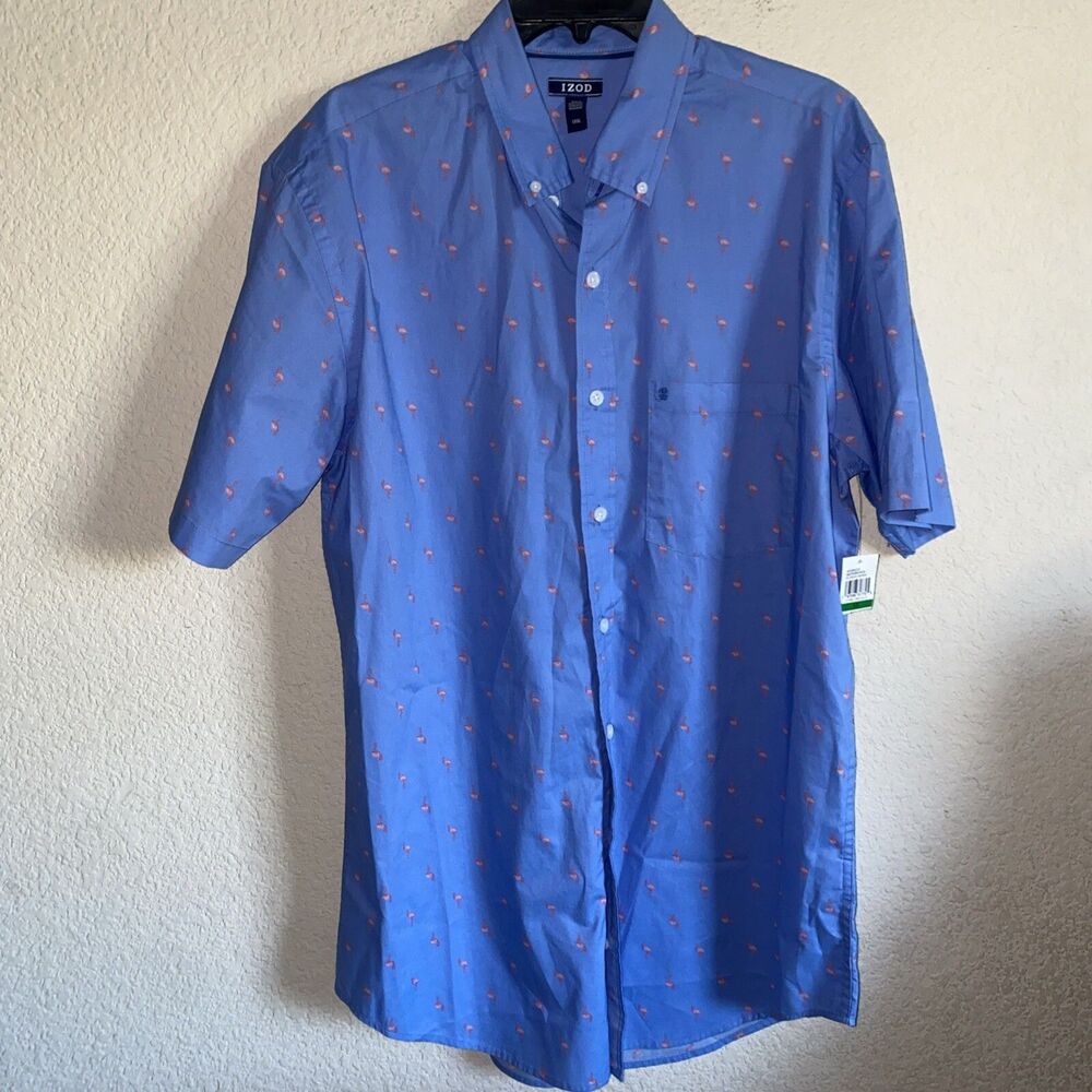 IZOD Flamingo Shirt Blue Button Up Beach Men Tropical Island Large Tall New